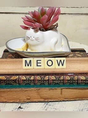 Ceramic Cat Succulent Planter with Pink Green Faux Succulent